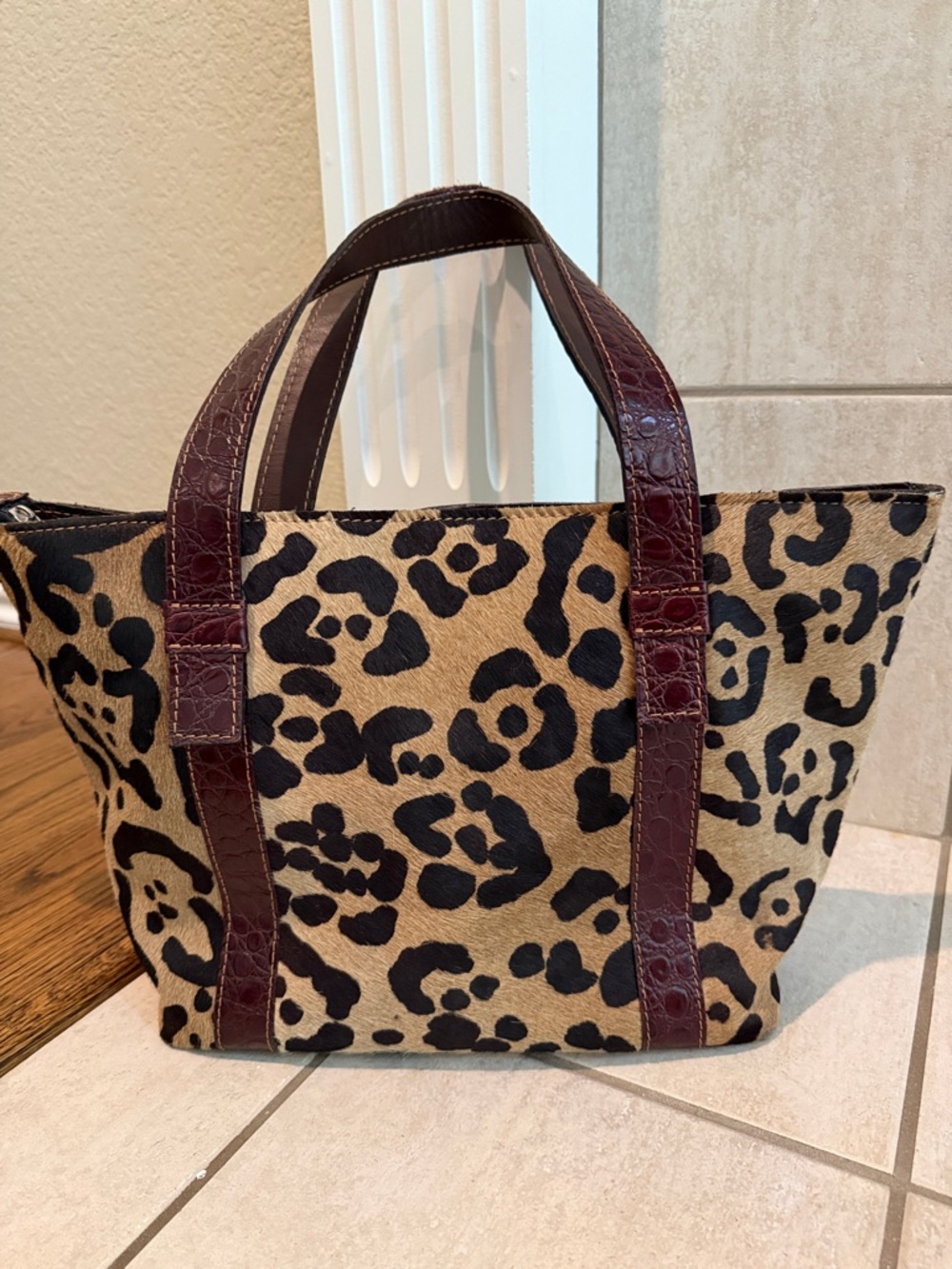 Leopard Print Tote Bag with dark brown/maroon Leather Trim